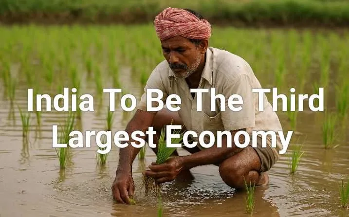 An Indian farmer planting rice seedlings in a flooded paddy field, wearing a red turban and beige shirt.
