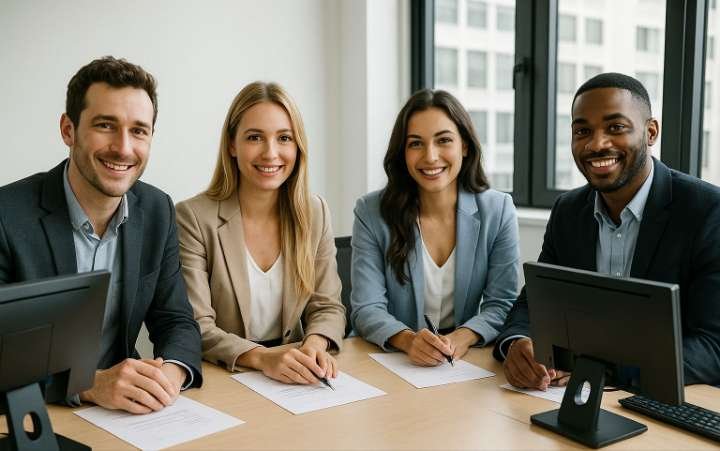 2 Men and 2 Women are sitting in an office with 2 desktop computers and papers