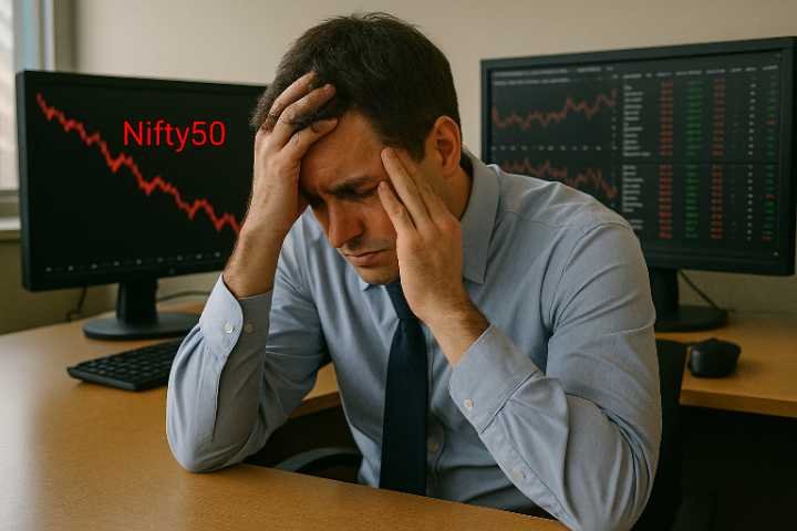A stressed stock trader holding his head in frustration, sitting at a desk with computer monitors showing a sharp decline in stock prices.