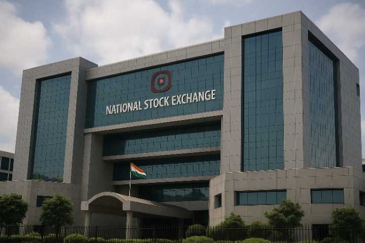 The camera style image displays the building of the National Stock Exchange of India.